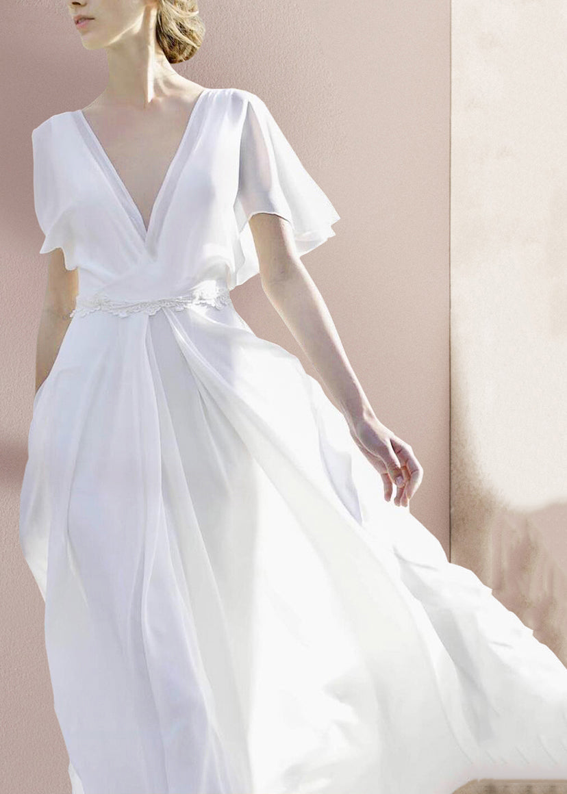 V-Neck Flutter Sleeve Embroidered Waist Maxi Dress
