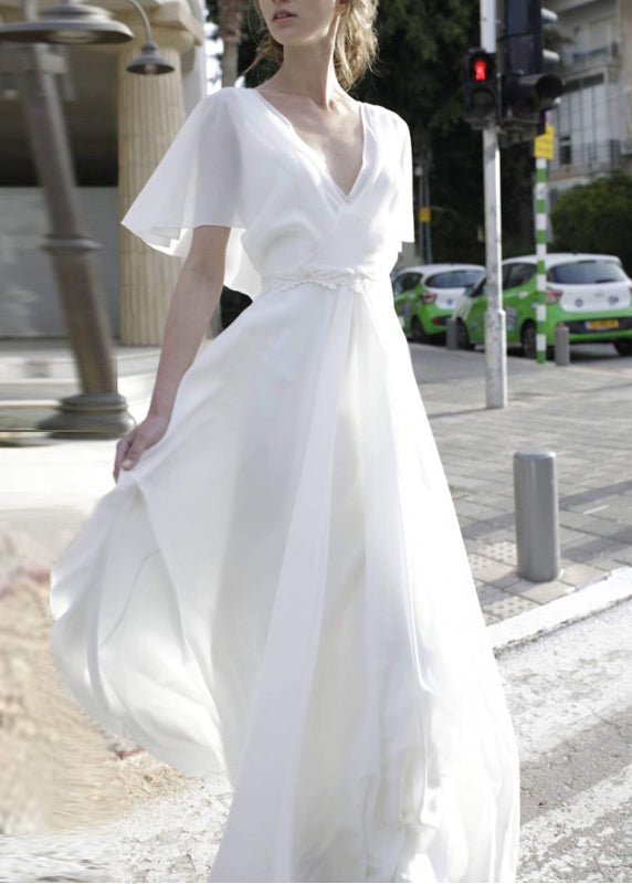 V-Neck Flutter Sleeve Embroidered Waist Maxi Dress