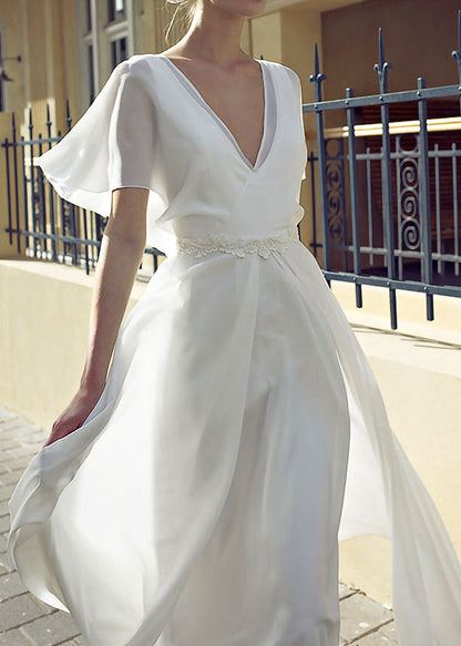 V-Neck Flutter Sleeve Embroidered Waist Maxi Dress