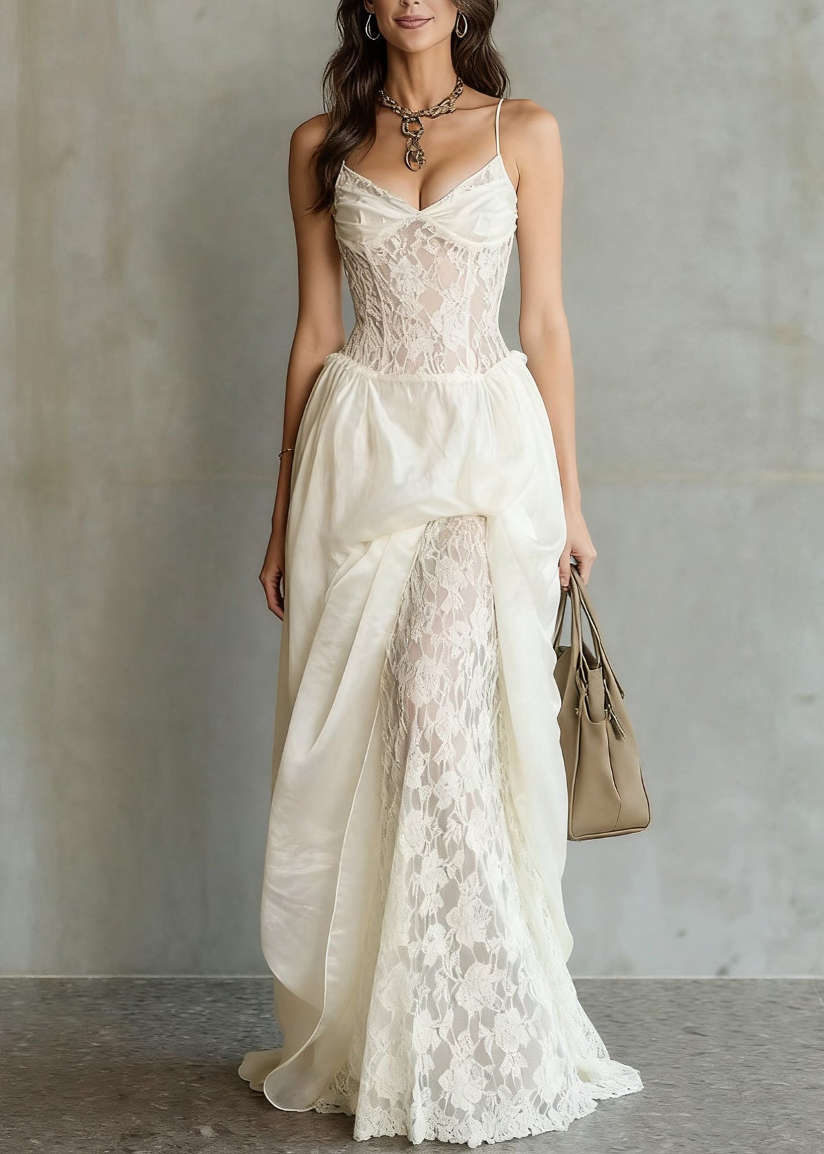 Spaghetti Strap Sweetheart Lace Corset Draped Panel Floral Lace Maxi Gown