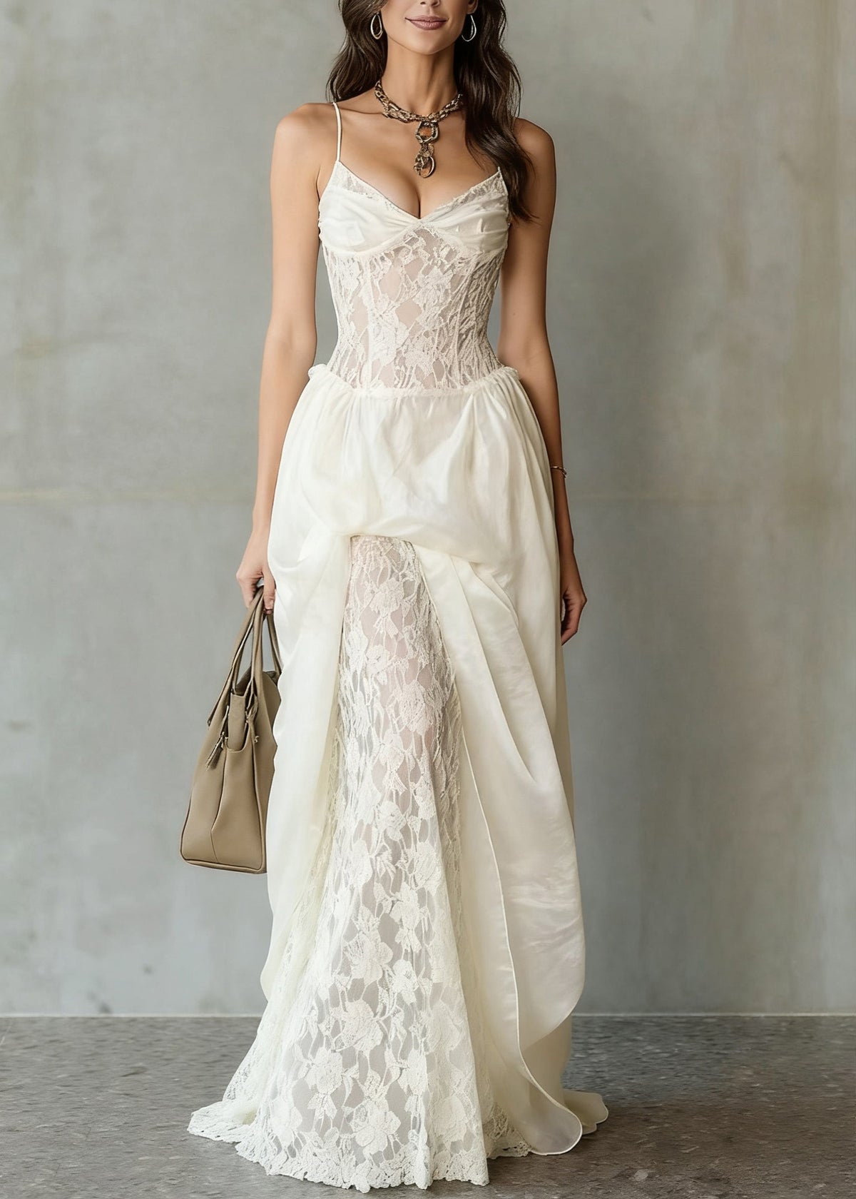 Spaghetti Strap Sweetheart Lace Corset Draped Panel Floral Lace Maxi Gown