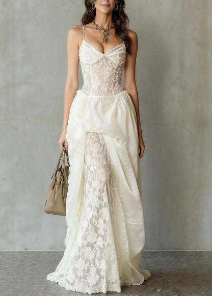 Spaghetti Strap Sweetheart Lace Corset Draped Panel Floral Lace Maxi Gown