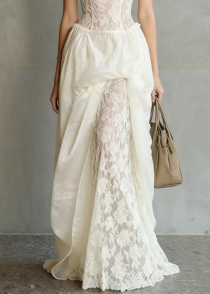 Spaghetti Strap Sweetheart Lace Corset Draped Panel Floral Lace Maxi Gown