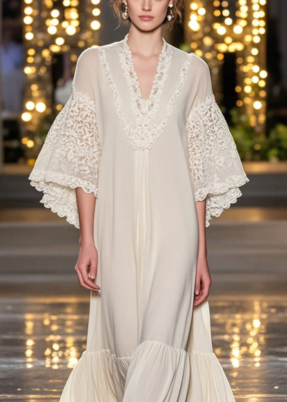 Deep V-Neck Lace Embroidered Angel Sleeve Tiered Ruffle Hem Chiffon Maxi Gown