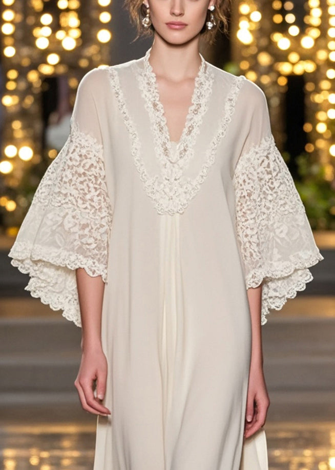 Deep V-Neck Lace Embroidered Angel Sleeve Tiered Ruffle Hem Chiffon Maxi Gown