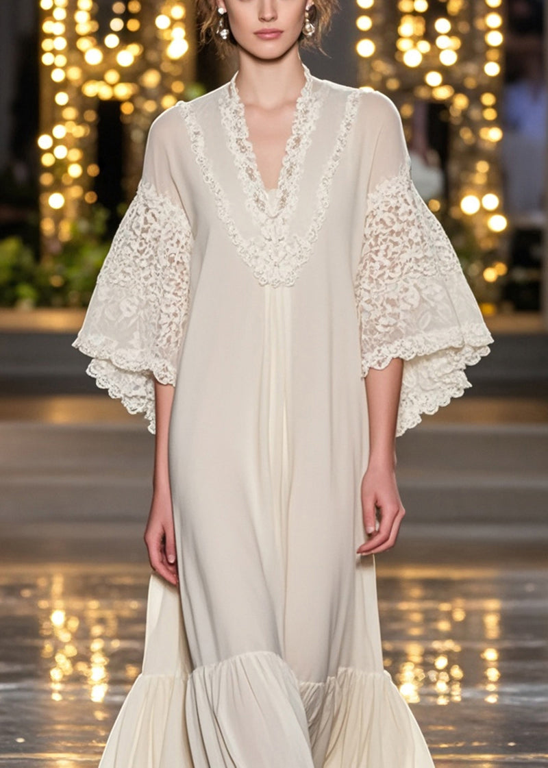 Deep V-Neck Lace Embroidered Angel Sleeve Tiered Ruffle Hem Chiffon Maxi Gown