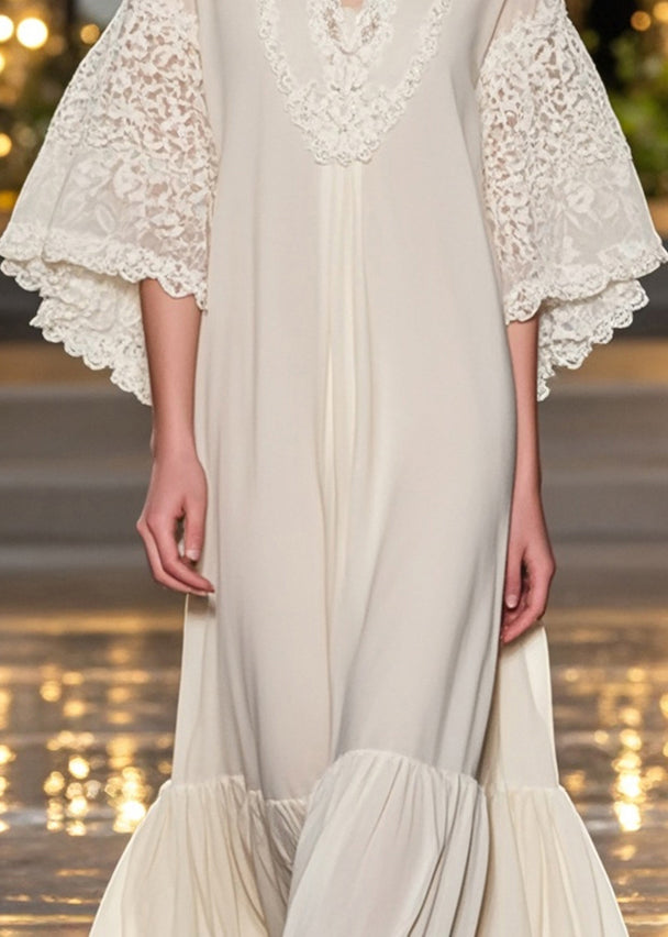Deep V-Neck Lace Embroidered Angel Sleeve Tiered Ruffle Hem Chiffon Maxi Gown