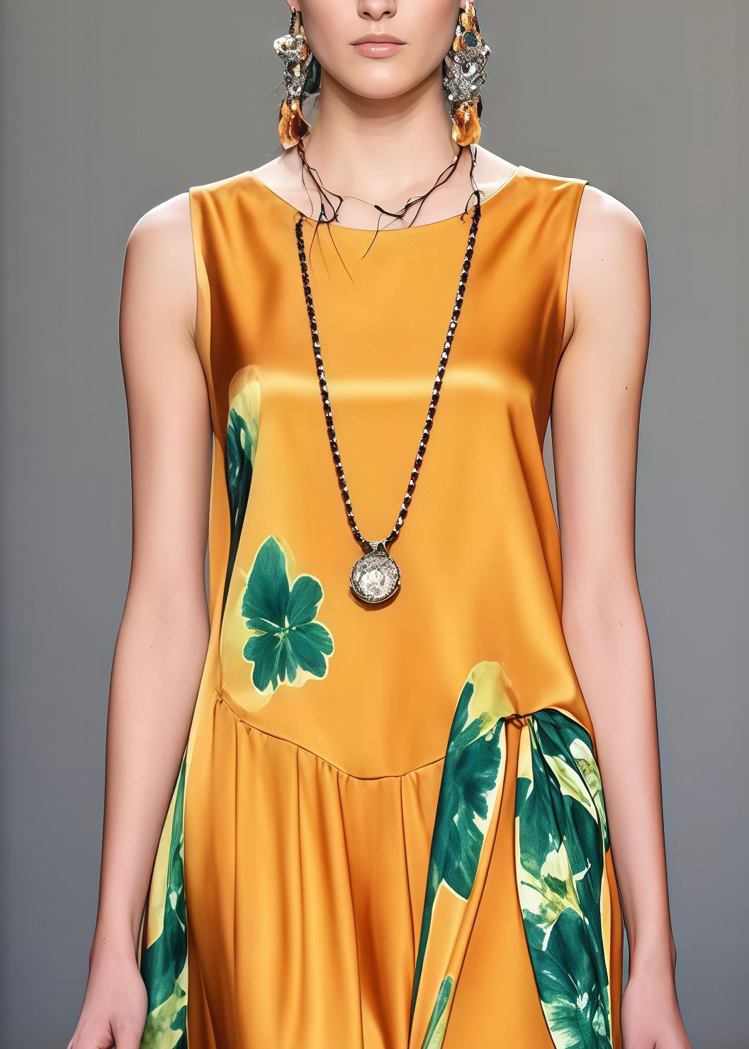 Round Neck Dropped Waist Abstract Floral Print Satin Maxi Dress