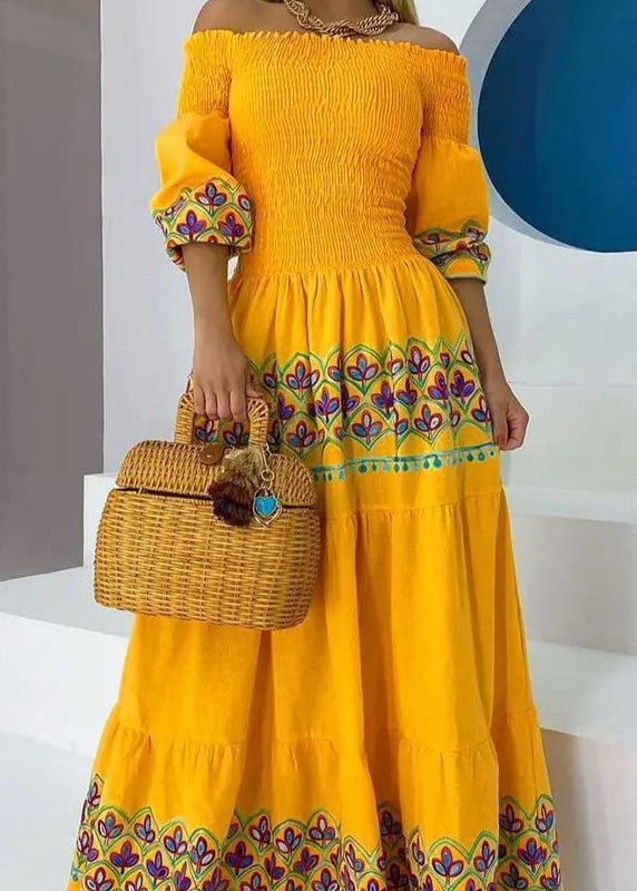 Off-Shoulder Smocked Puff Sleeve Tiered Border Print Maxi Dress
