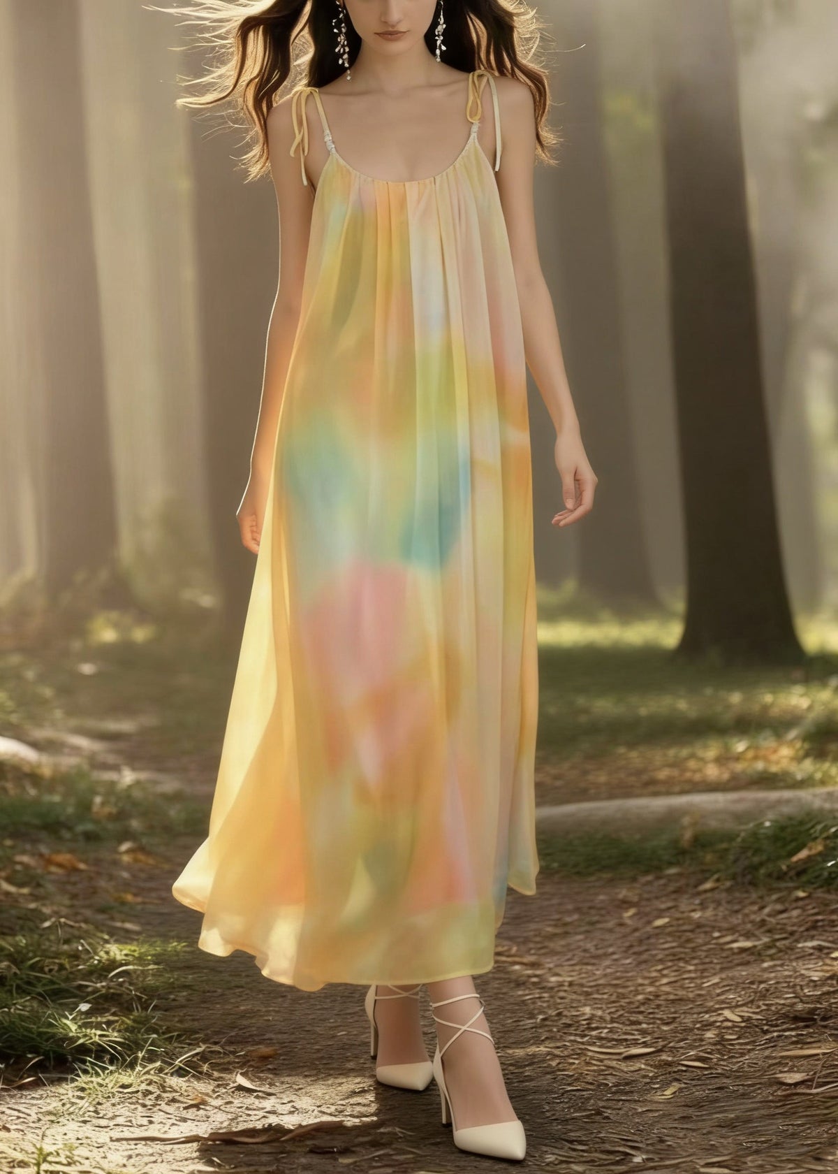 Scoop Neck Tie-Shoulder Spaghetti Strap Watercolor Print Maxi Dress