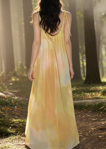 Scoop Neck Tie-Shoulder Spaghetti Strap Watercolor Print Maxi Dress