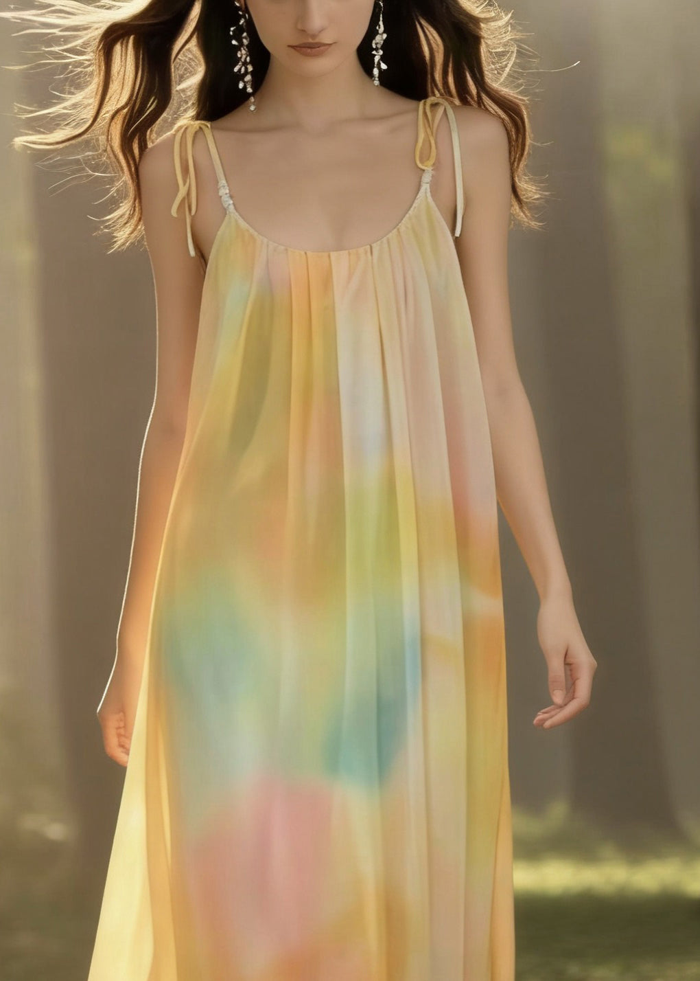 Scoop Neck Tie-Shoulder Spaghetti Strap Watercolor Print Maxi Dress