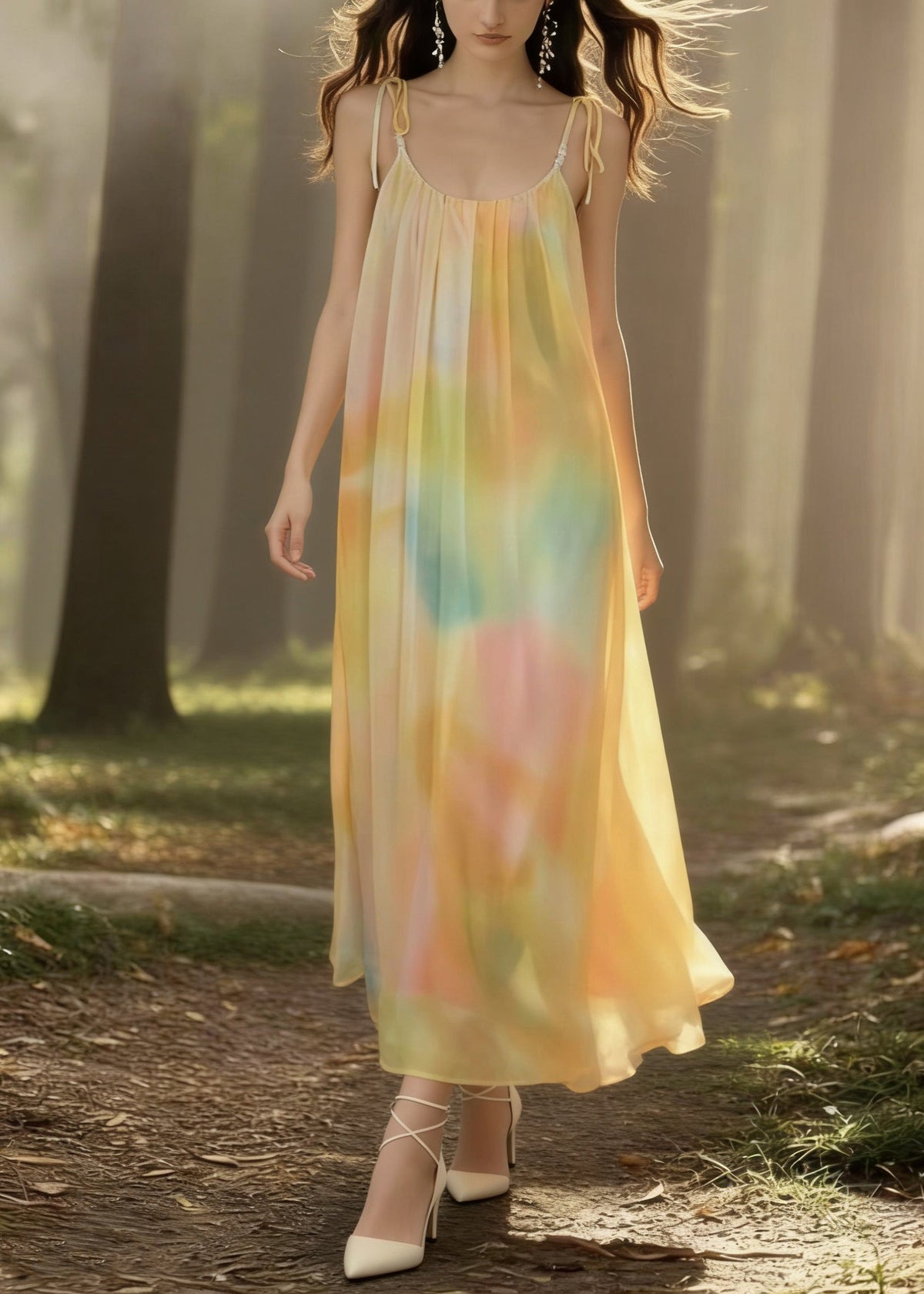 Scoop Neck Tie-Shoulder Spaghetti Strap Watercolor Print Maxi Dress