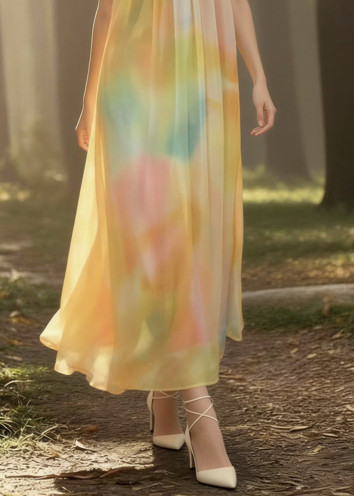 Scoop Neck Tie-Shoulder Spaghetti Strap Watercolor Print Maxi Dress