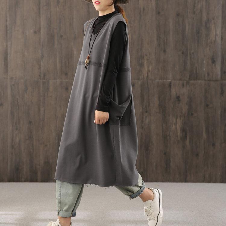 V-Neck Raw Edge Frayed Hem Side Pocket Sleeveless Layered Midi Pinafore Dress