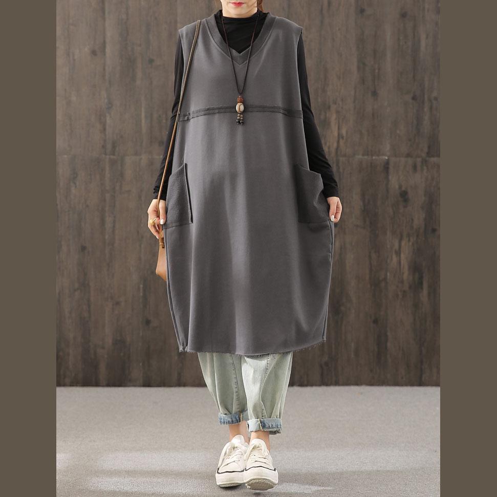 V-Neck Raw Edge Frayed Hem Side Pocket Sleeveless Layered Midi Pinafore Dress