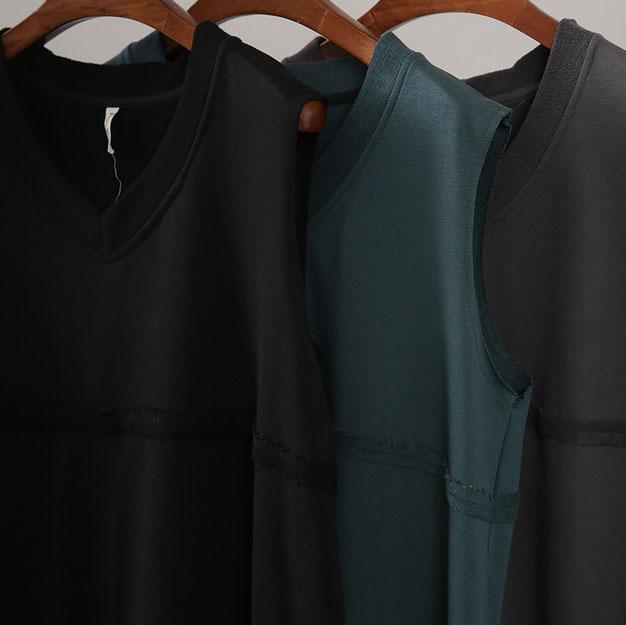 V-Neck Raw Edge Frayed Hem Side Pocket Sleeveless Layered Midi Pinafore Dress
