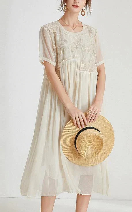 Round Neck Embroidered Bodice Pleated Sheer Overlay Midi Dress