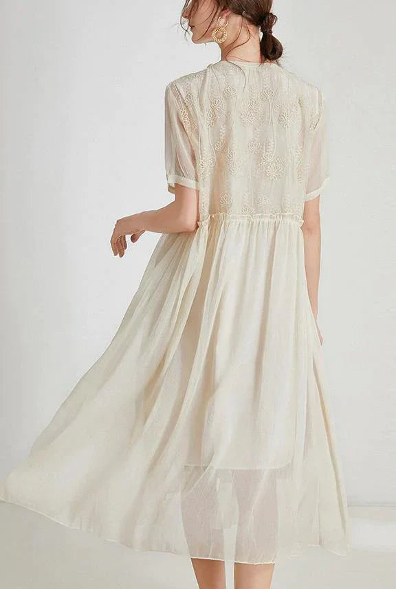 Round Neck Embroidered Bodice Pleated Sheer Overlay Midi Dress