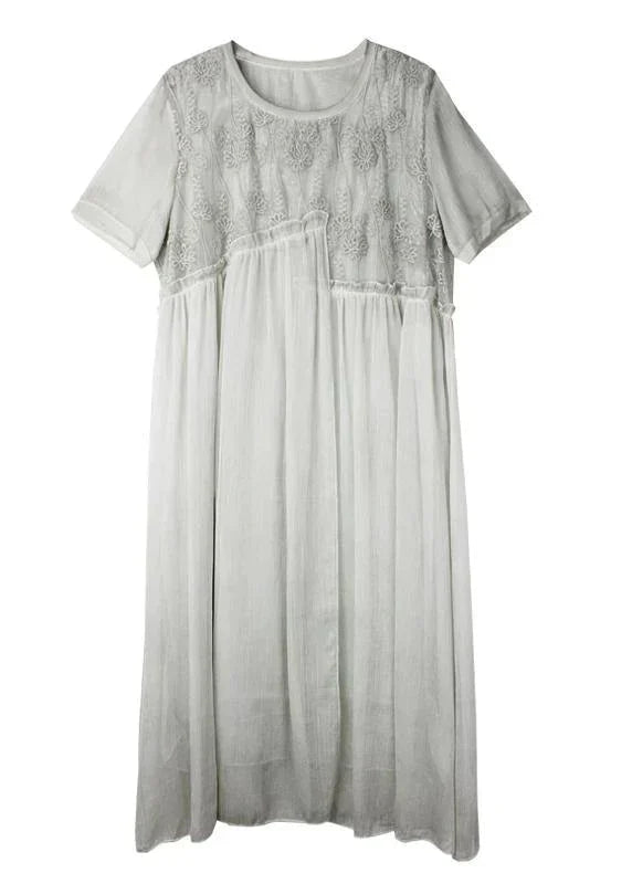 Round Neck Embroidered Bodice Pleated Sheer Overlay Midi Dress
