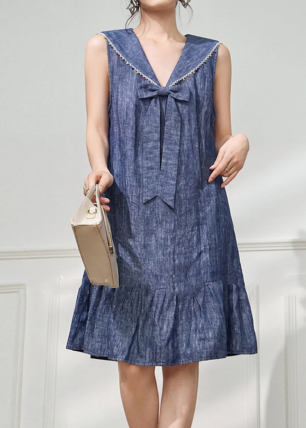Deep V Neck Sailor Collar Lace Trim Bow Flounce Hem Linen Shift Dress
