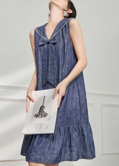 Deep V Neck Sailor Collar Lace Trim Bow Flounce Hem Linen Shift Dress