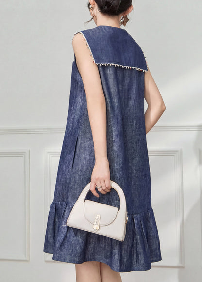 Deep V Neck Sailor Collar Lace Trim Bow Flounce Hem Linen Shift Dress