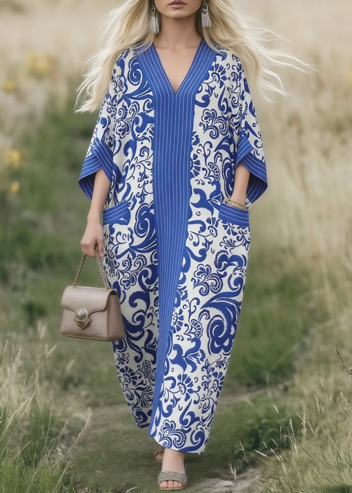Deep V-Neck Pinstripe Panel Paisley Print Pocket Kaftan Maxi Dress