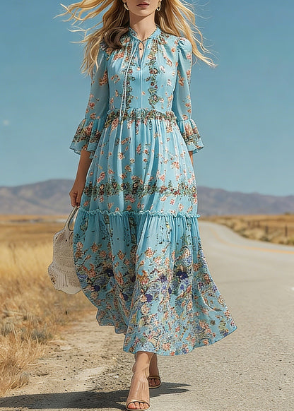 Keyhole Tie Neck Tiered Bell Cuff Floral Print Maxi Dress