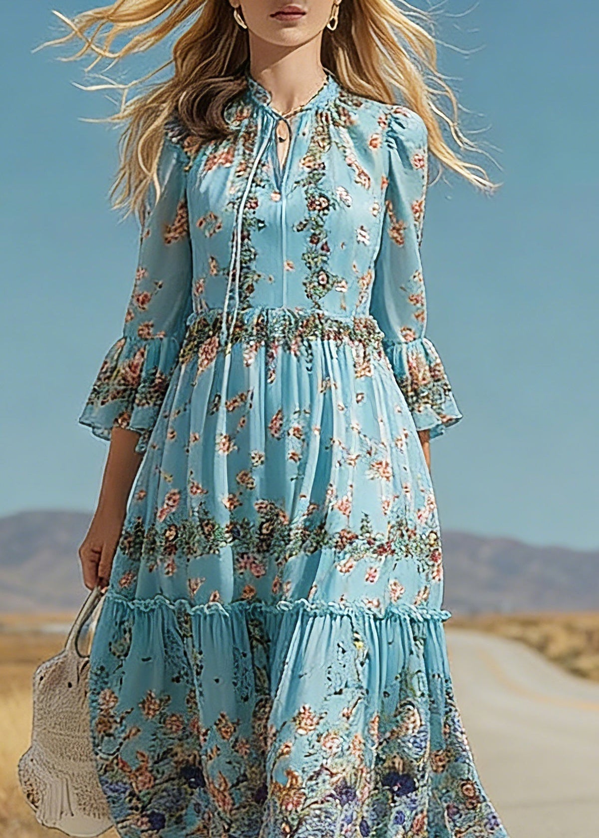 Keyhole Tie Neck Tiered Bell Cuff Floral Print Maxi Dress