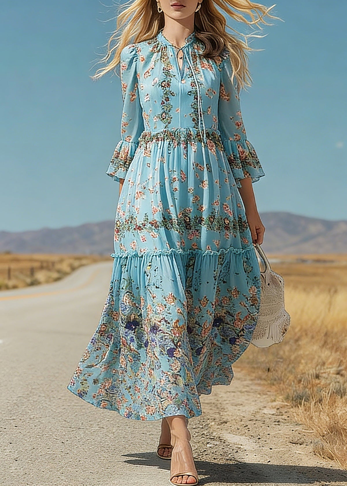 Keyhole Tie Neck Tiered Bell Cuff Floral Print Maxi Dress