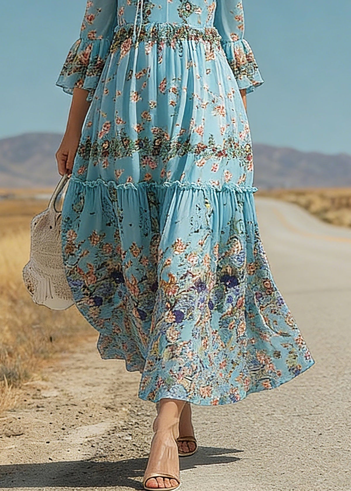Keyhole Tie Neck Tiered Bell Cuff Floral Print Maxi Dress