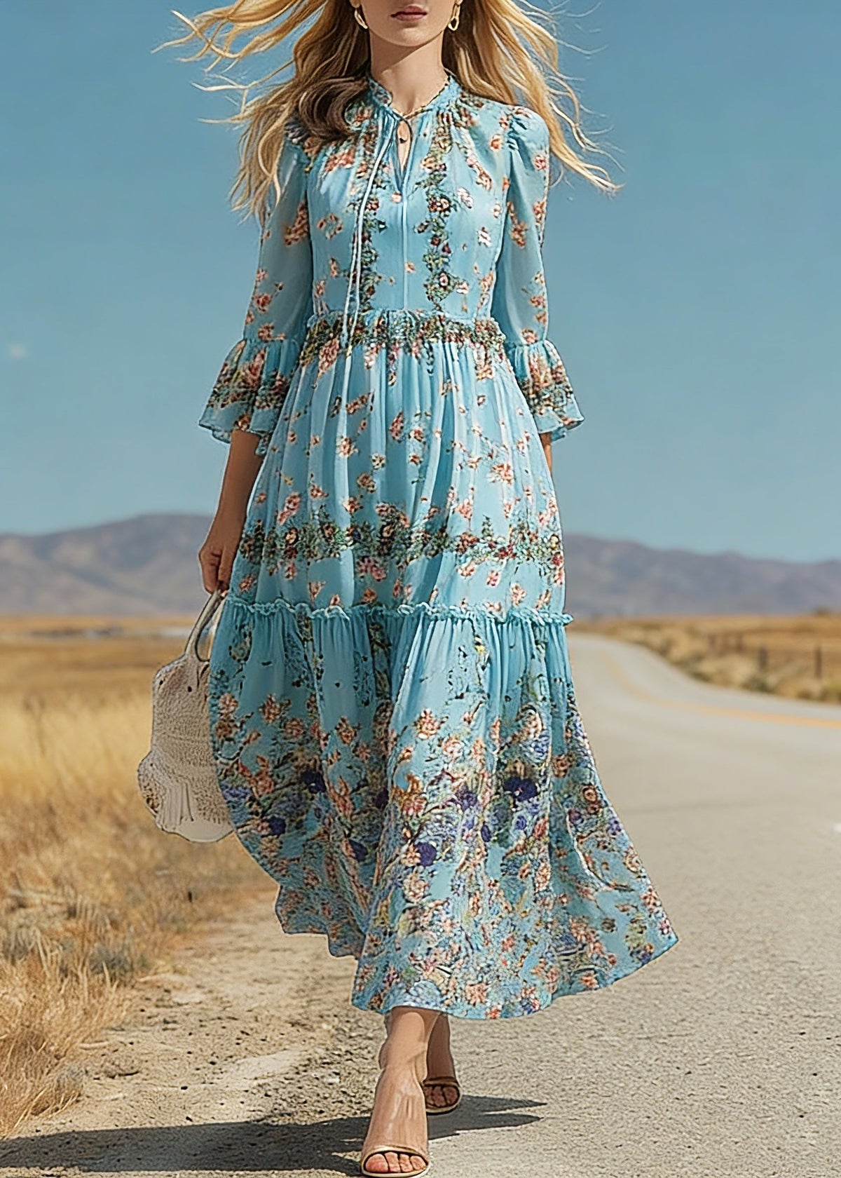 Keyhole Tie Neck Tiered Bell Cuff Floral Print Maxi Dress
