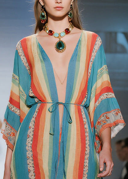 Deep V-Neck Drawstring Waist Vertical Stripe Floral Border Hem Mini Kaftan Dress