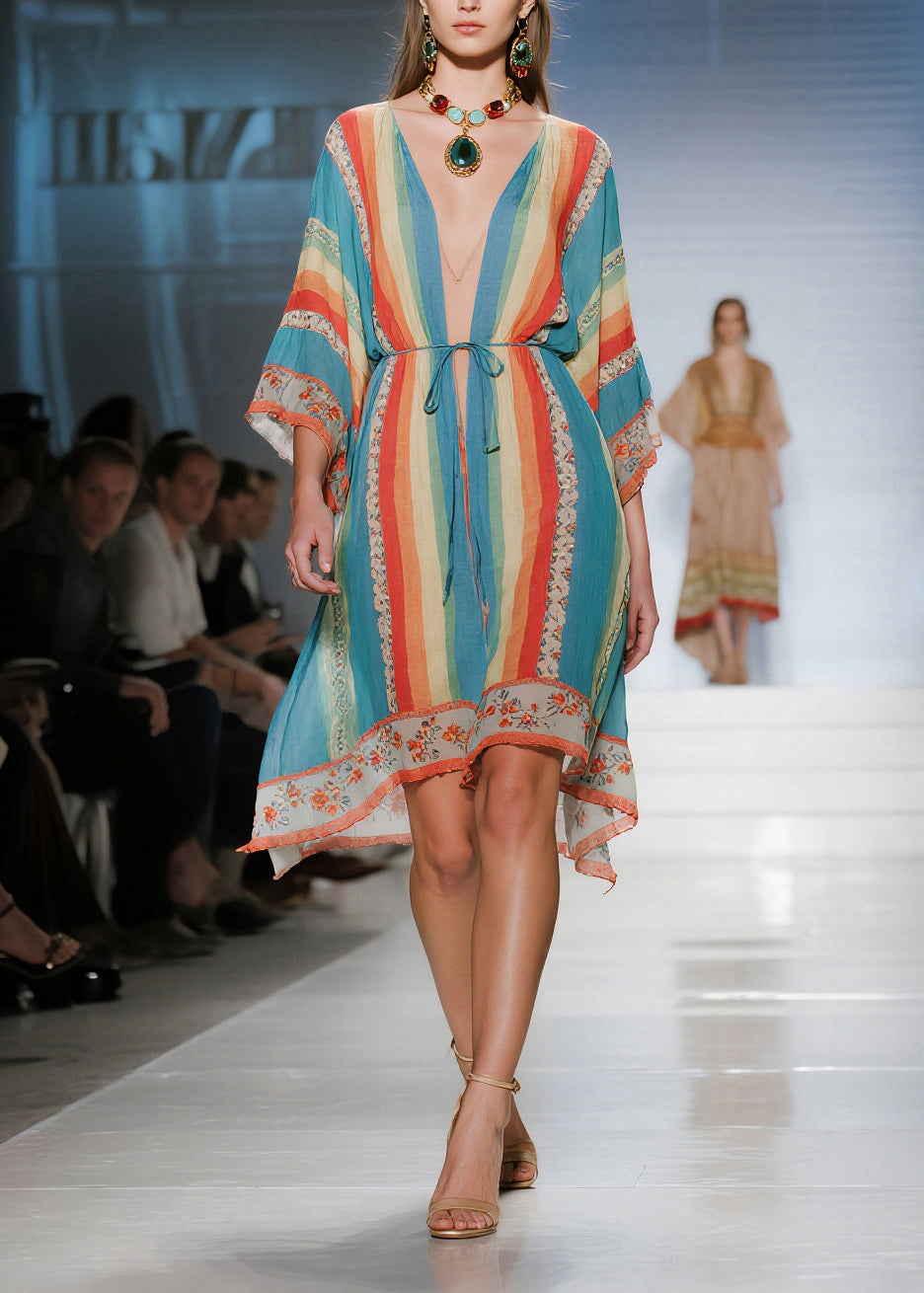 Deep V-Neck Drawstring Waist Vertical Stripe Floral Border Hem Mini Kaftan Dress