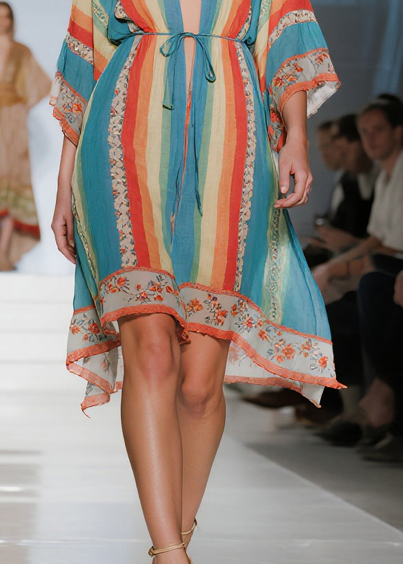 Deep V-Neck Drawstring Waist Vertical Stripe Floral Border Hem Mini Kaftan Dress