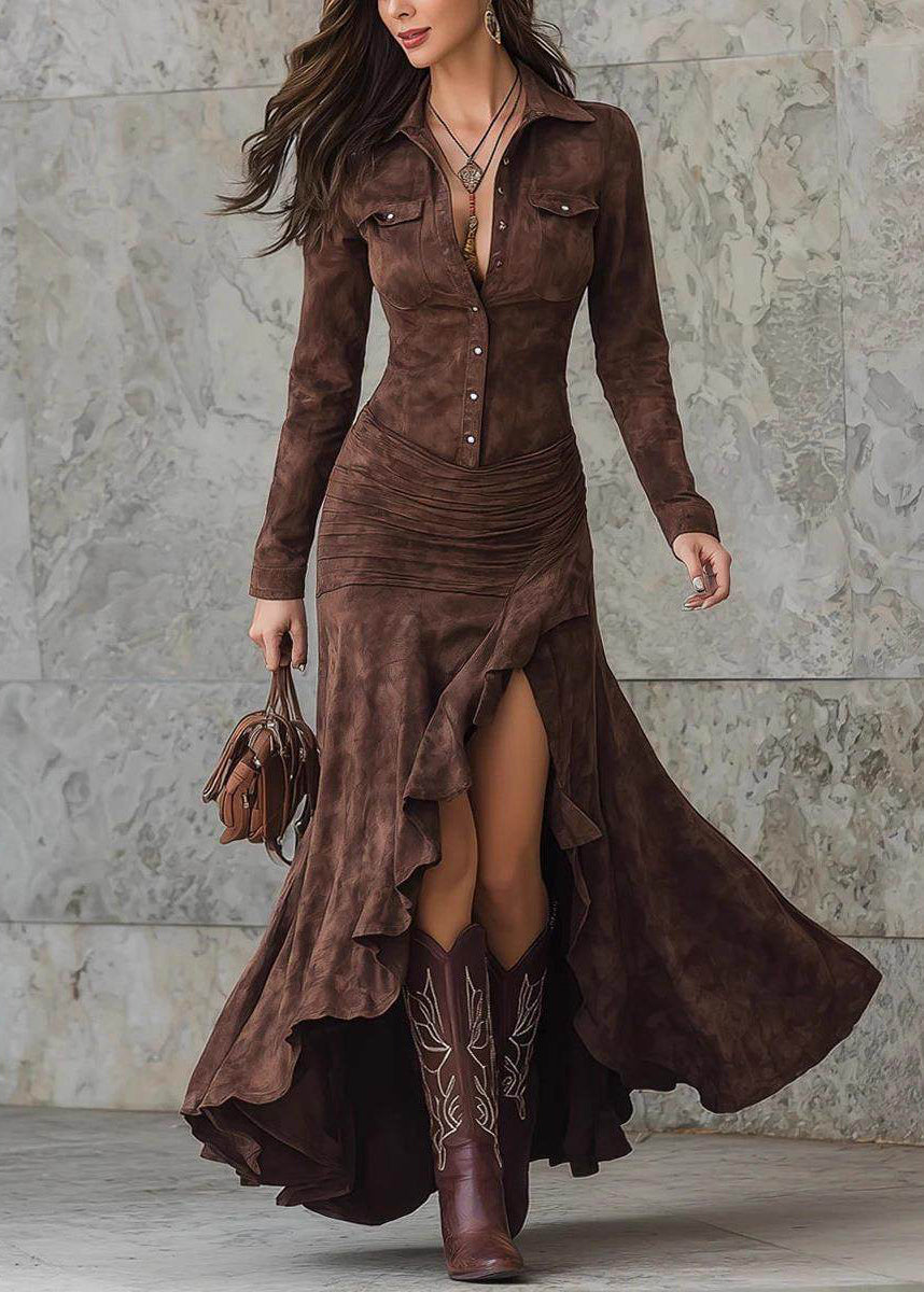 Collared Button Down Ruched Waist High Slit Suede Maxi Dress
