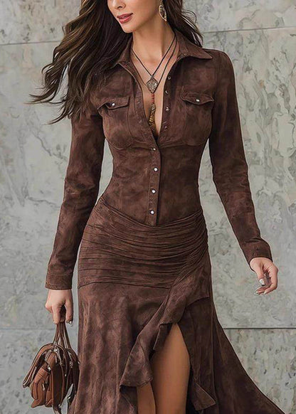 Collared Button Down Ruched Waist High Slit Suede Maxi Dress