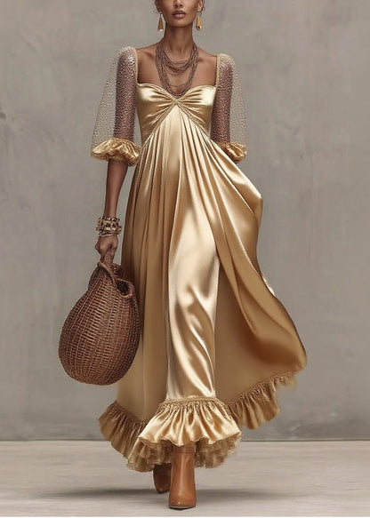 Sweetheart Neck Sheer Puff Sleeve Pleated Satin Tiered Ruffle Maxi Dress