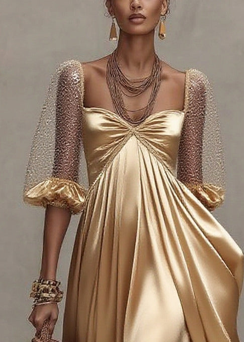 Sweetheart Neck Sheer Puff Sleeve Pleated Satin Tiered Ruffle Maxi Dress