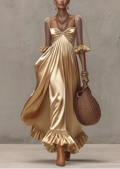 Sweetheart Neck Sheer Puff Sleeve Pleated Satin Tiered Ruffle Maxi Dress