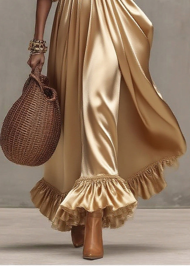 Sweetheart Neck Sheer Puff Sleeve Pleated Satin Tiered Ruffle Maxi Dress