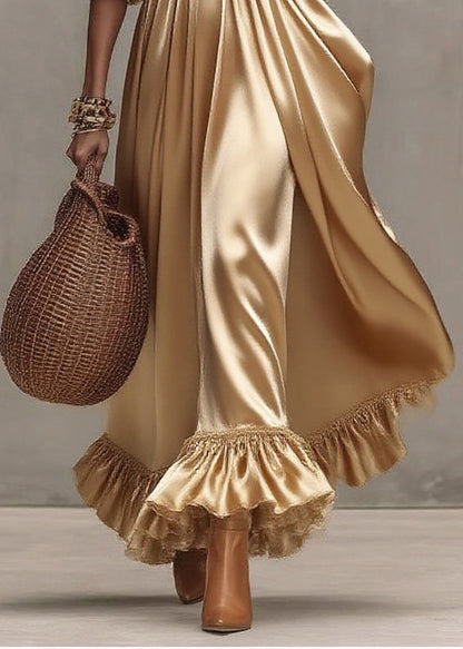 Sweetheart Neck Sheer Puff Sleeve Pleated Satin Tiered Ruffle Maxi Dress