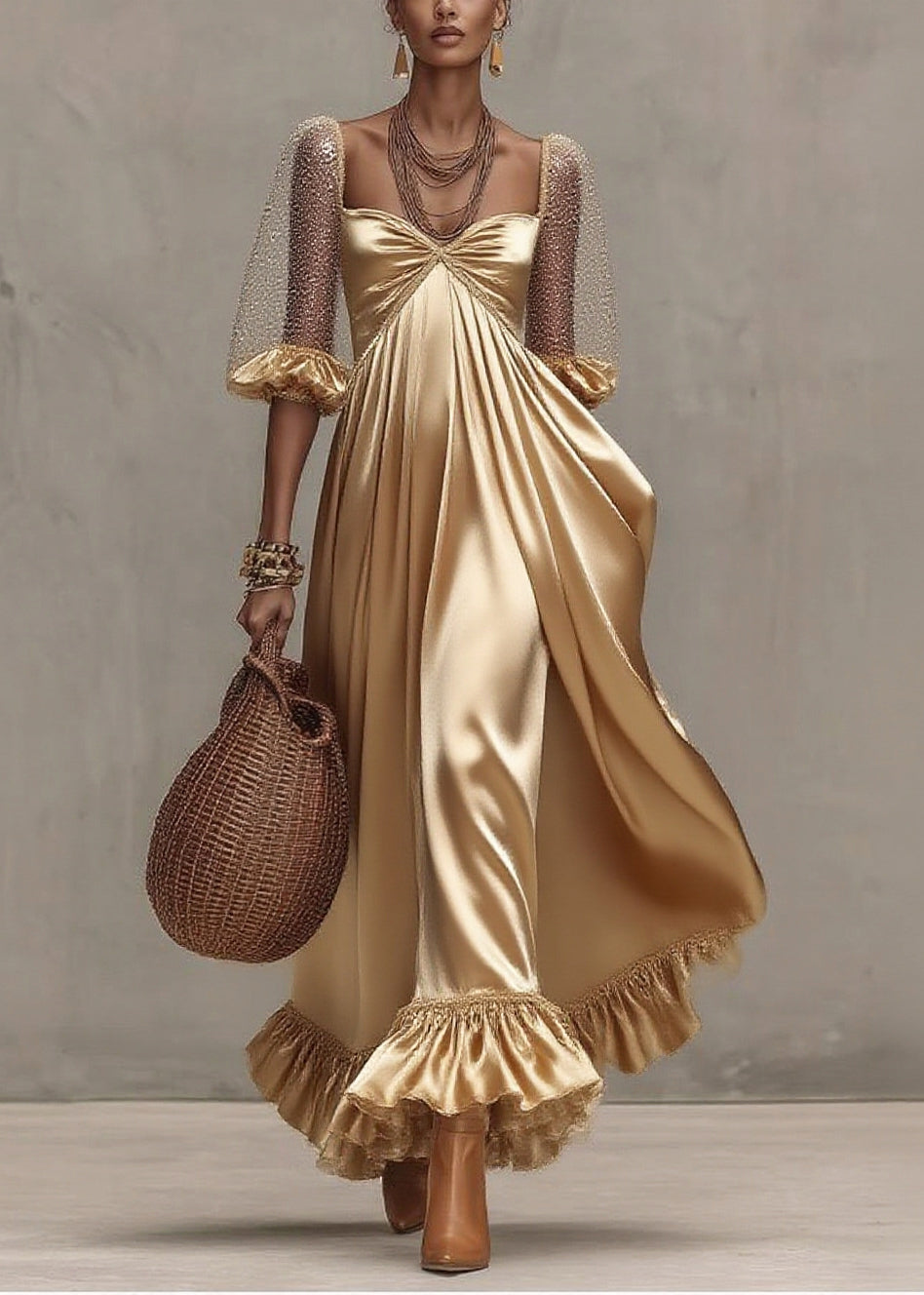 Sweetheart Neck Sheer Puff Sleeve Pleated Satin Tiered Ruffle Maxi Dress