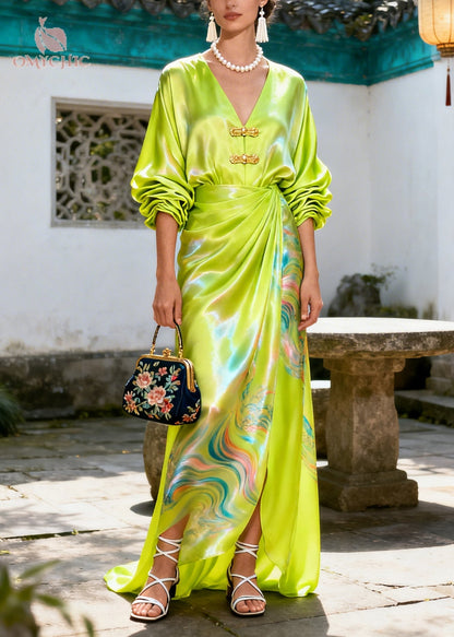 Deep V-Neck Frog Button Puff Sleeve Oriental Landscape Print Satin Maxi Dress