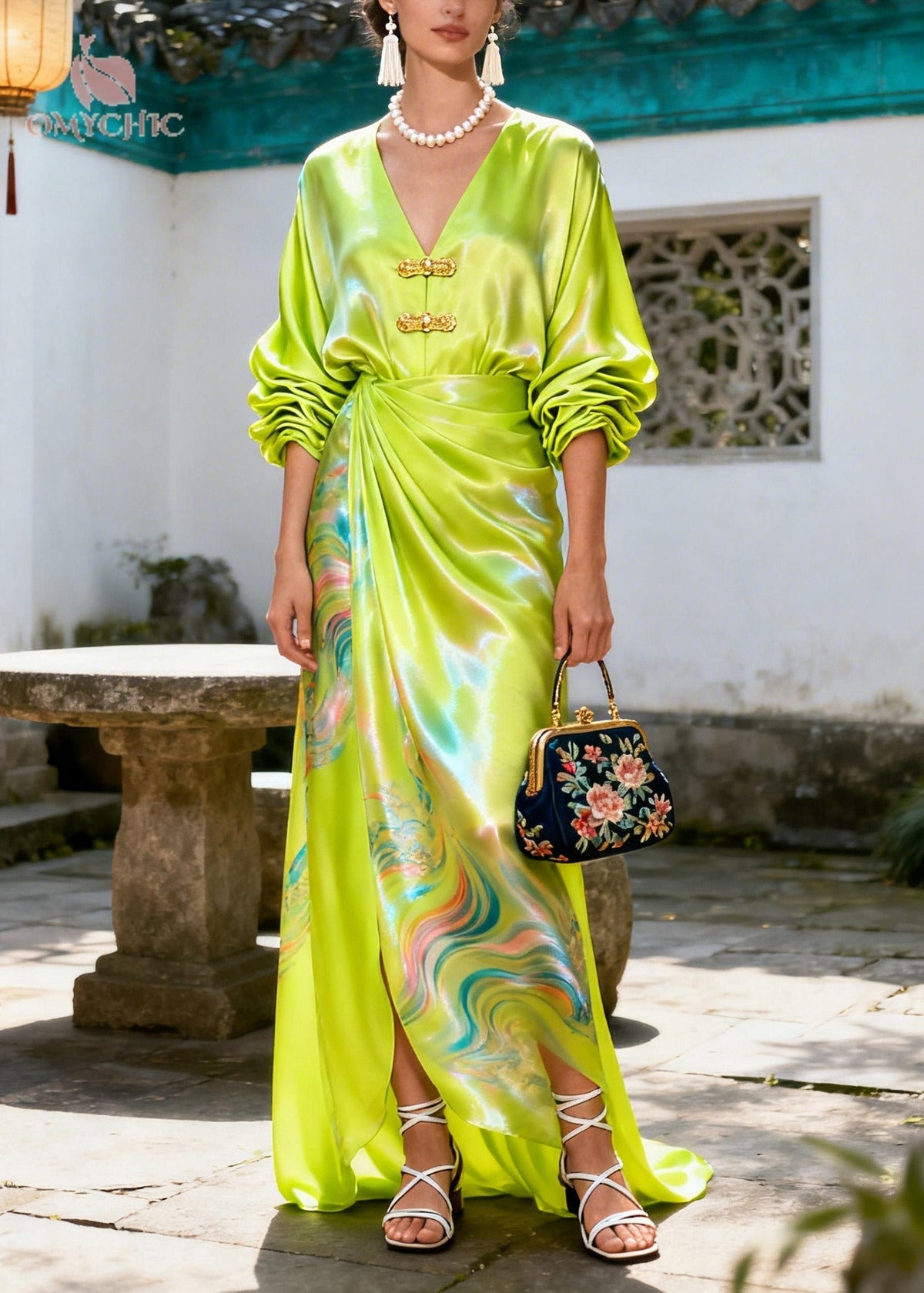 Deep V-Neck Frog Button Puff Sleeve Oriental Landscape Print Satin Maxi Dress