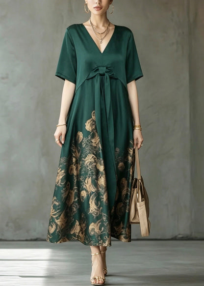 V-Neck Bow Tie Waist Floral Print A-Line Maxi Dress