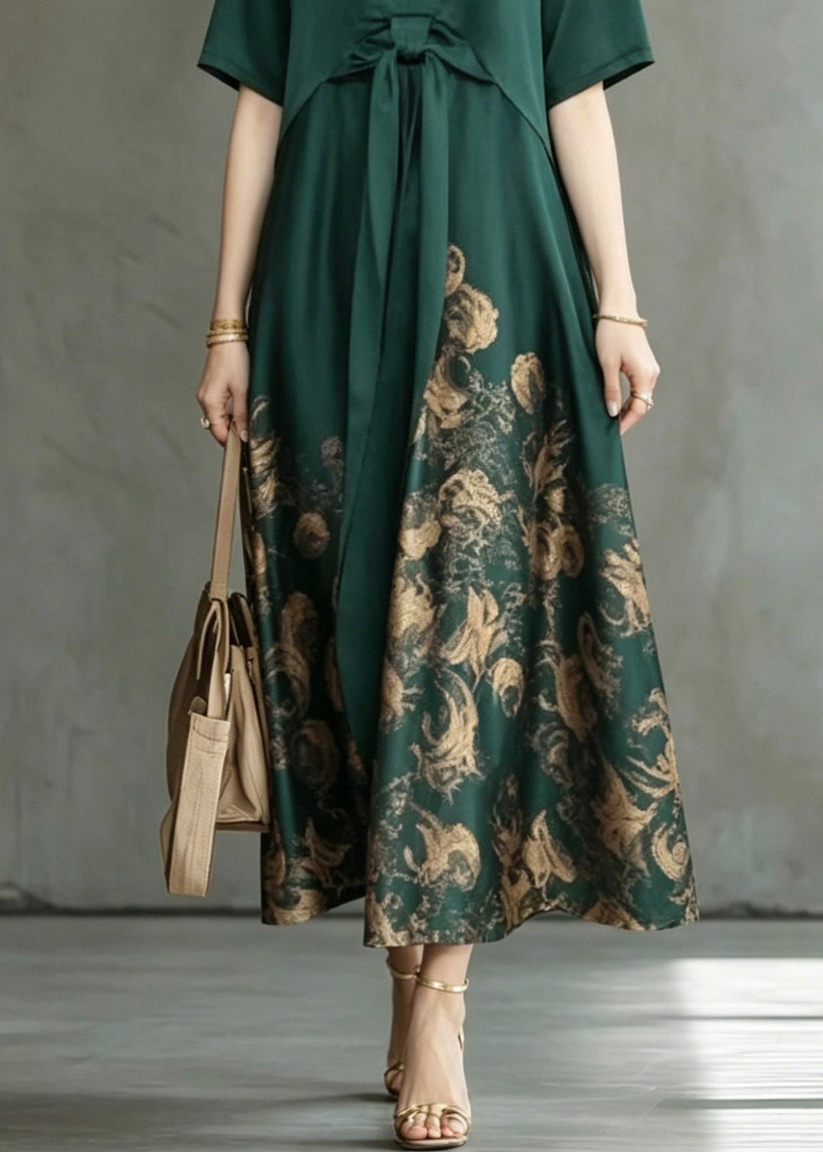 V-Neck Bow Tie Waist Floral Print A-Line Maxi Dress
