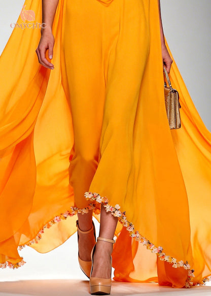 Cowl Neck Sleeveless Floral Trim Sheer Cape Cropped Wide-Leg Jumpsuit