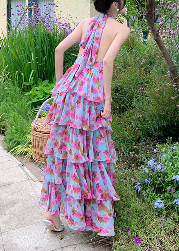 Backless Halter Tie Floral Tiered Ruffle Maxi Dress